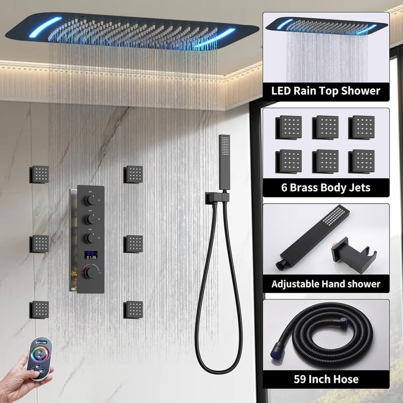 Matte Black Digital Thermostatic Shower System with Rain Shower Head