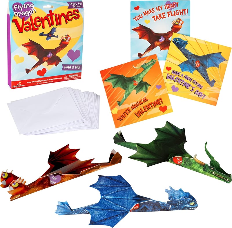 Valentine's Day Card Set with Flying Dragons for Kids, 28 Pack