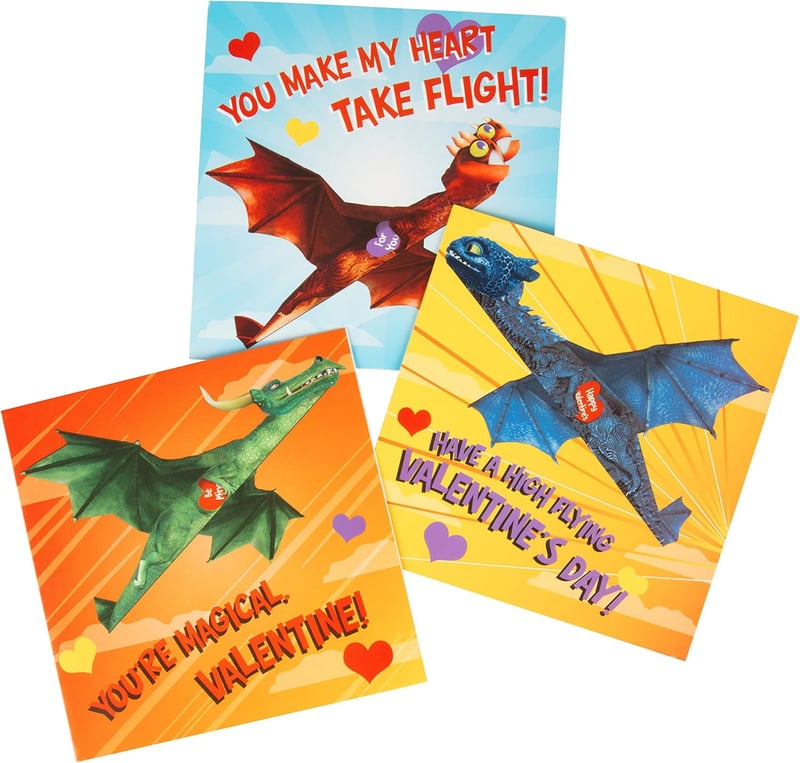Valentine's Day Card Set with Flying Dragons for Kids, 28 Pack
