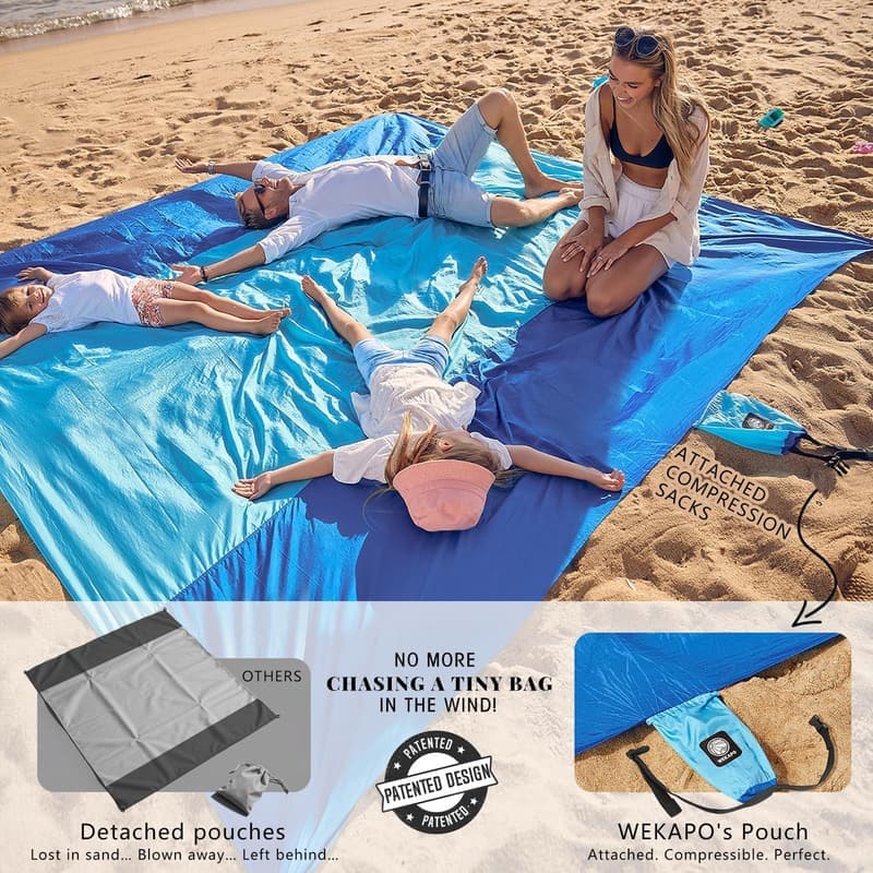 Oversized Waterproof Beach Blanket with Stakes and Pockets