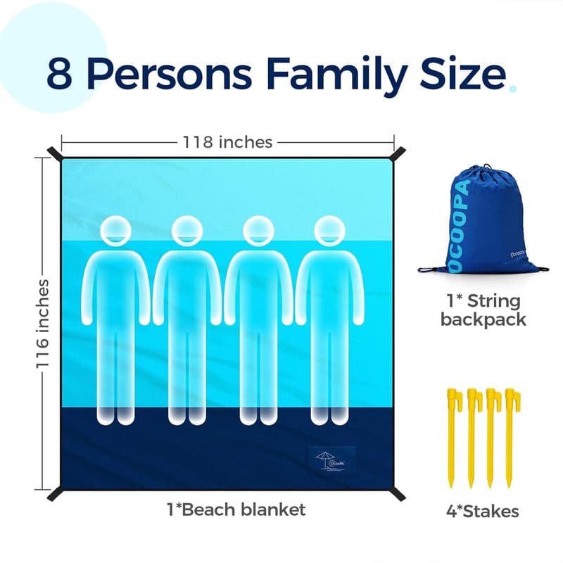 Extra Large Waterproof Beach Blanket for 8, Sandproof Nylon