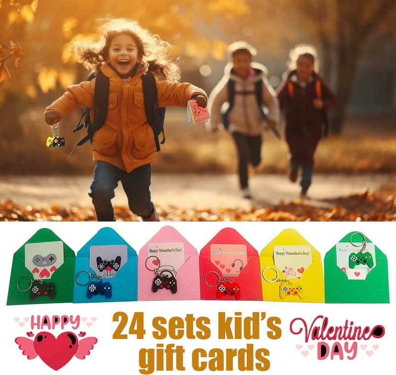 Valentine's Day Video Game Card and Keychain Set - 24 Packs