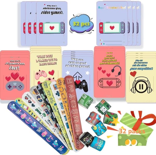 Funny Video Game Valentine Cards with Slap Bracelets - 32 Pack