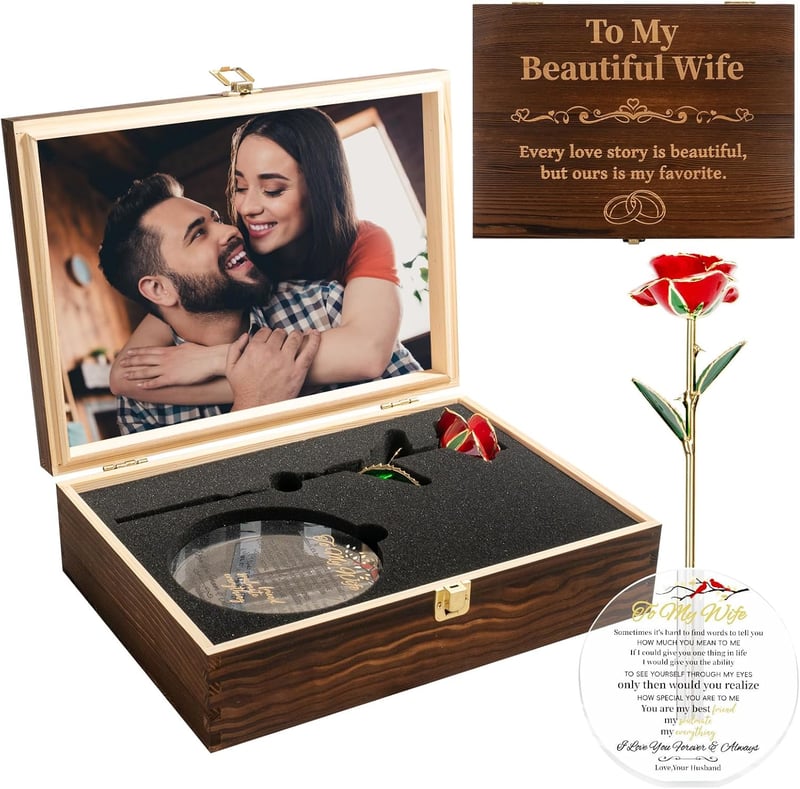 Engraved Wooden Gift Set with 24K Gold Dipped Rose for Wife's Birthday and Anniversary