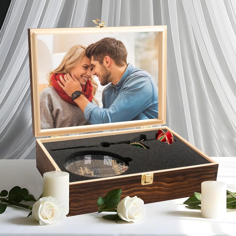 Engraved Wooden Gift Set with 24K Gold Dipped Rose for Wife's Birthday and Anniversary