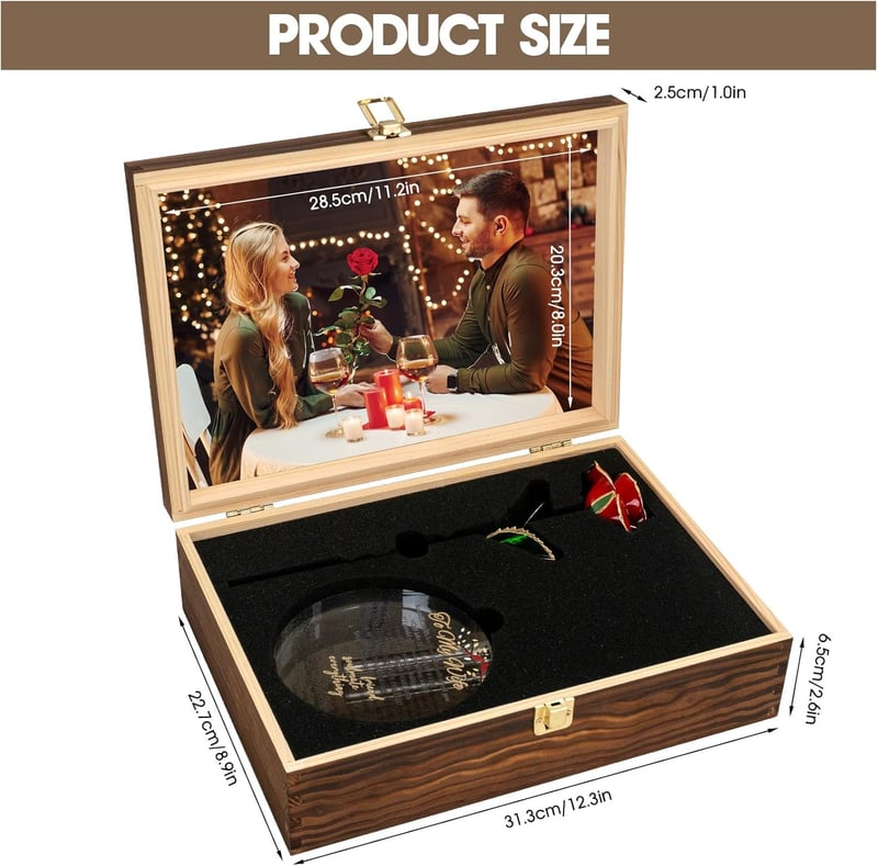Engraved Wooden Gift Set with 24K Gold Dipped Rose for Wife's Birthday and Anniversary