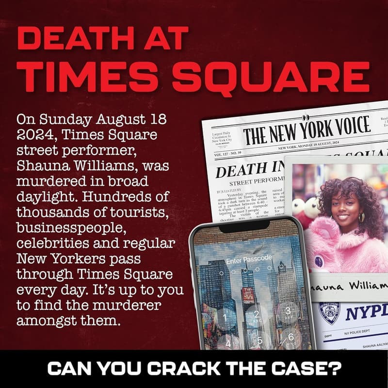 Murder Mystery Game: Death at Times Square for 1-10 Players