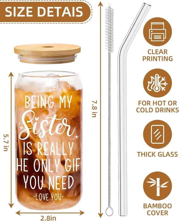 Birthday Gift for Sister - Funny Iced Coffee Cup with Lid & Straw
