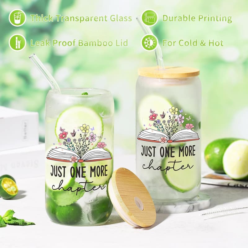 Book Lovers Gift: 16oz Themed Glass Cup for Women
