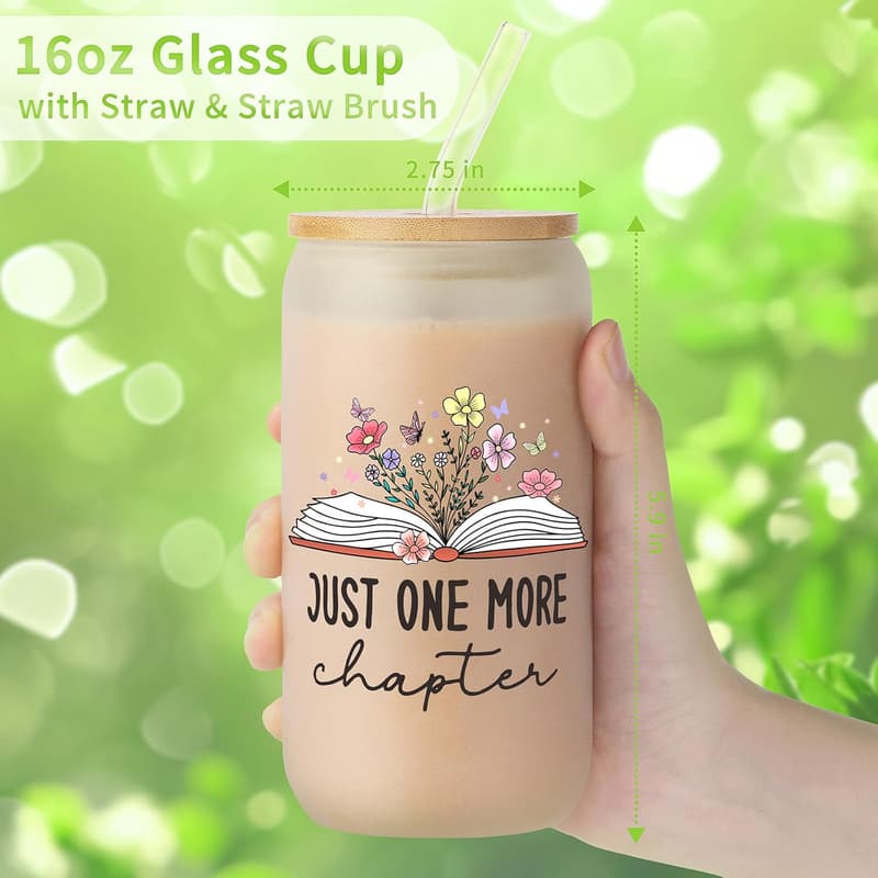 Book Lovers Gift: 16oz Themed Glass Cup for Women