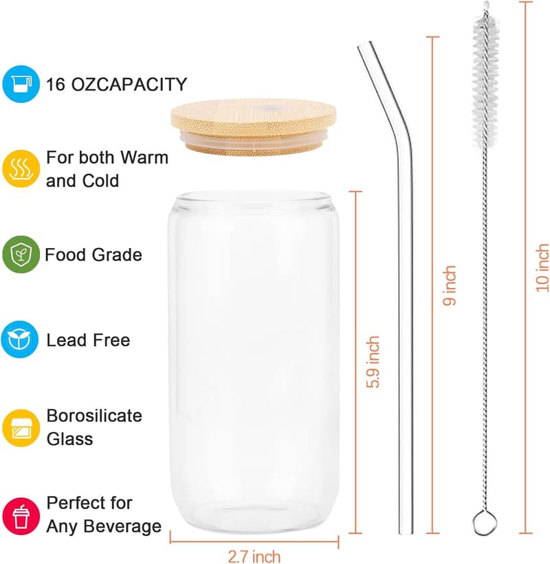 16 Oz Iced Coffee Glasses with Lids & Straws - Ideal for Coffee Lovers