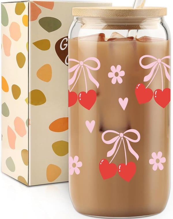 Birthday Gift Cherry Bow Tumbler - 16 oz Glass Cup with Straw