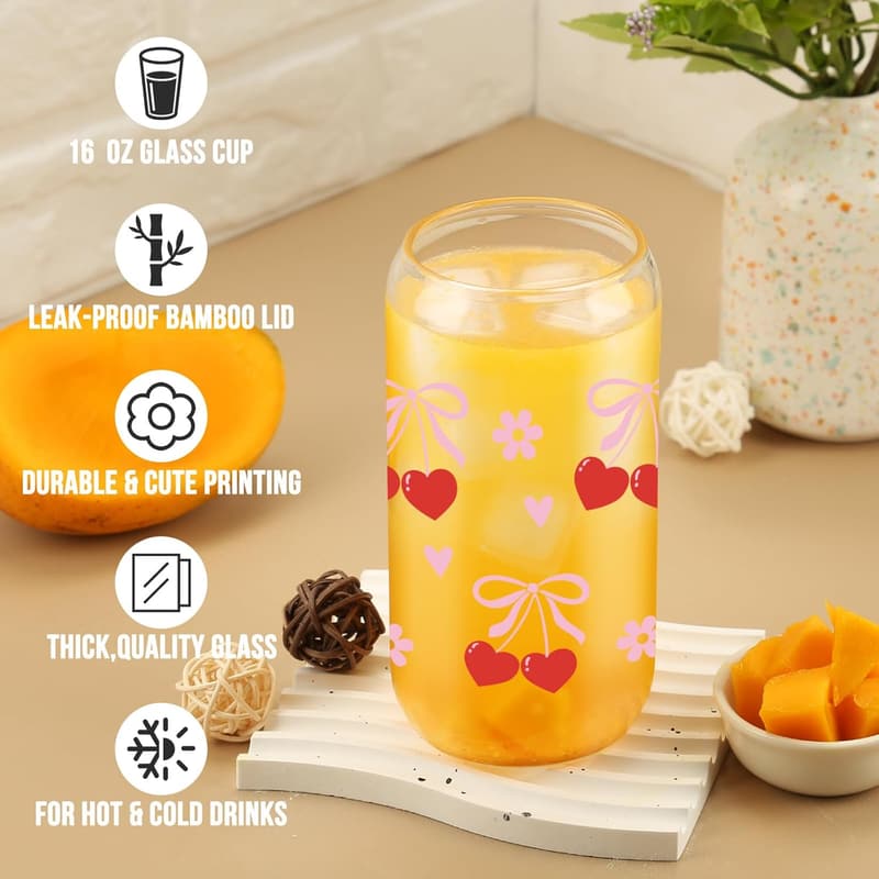 Birthday Gift Cherry Bow Tumbler - 16 oz Glass Cup with Straw