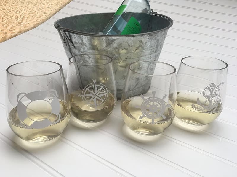 Nautical-Themed Plastic Stemless Wine Glass Set of 4 - 16oz