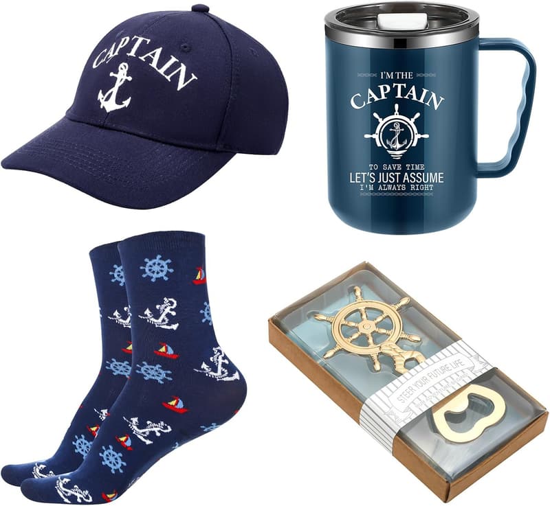 Father's Day Boating Gift Set for Men: Captain's Cap, Tumbler, Opener, and Socks