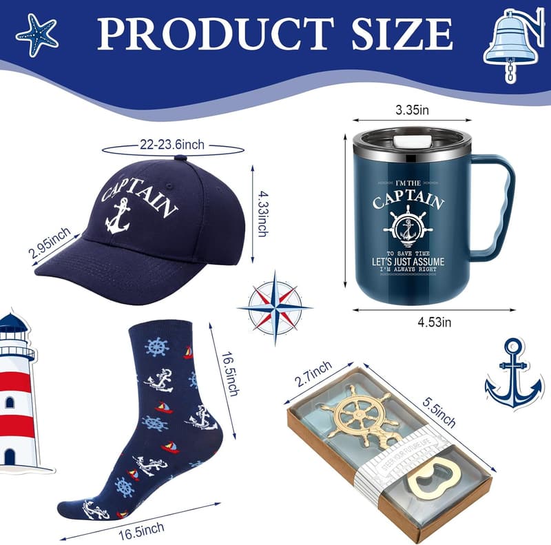 Father's Day Boating Gift Set for Men: Captain's Cap, Tumbler, Opener, and Socks