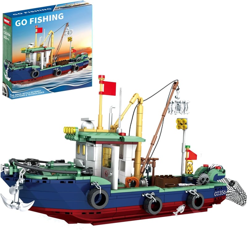 Fishing Boat Building Blocks Set for Kids, Compatible with Lego, 582 Pcs