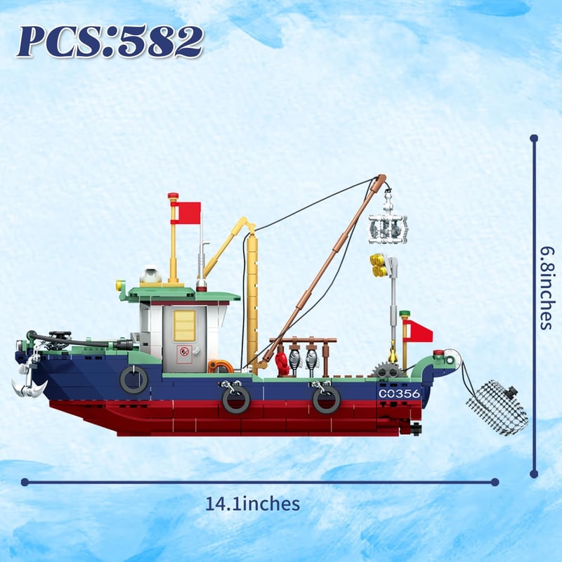 Fishing Boat Building Blocks Set for Kids, Compatible with Lego, 582 Pcs