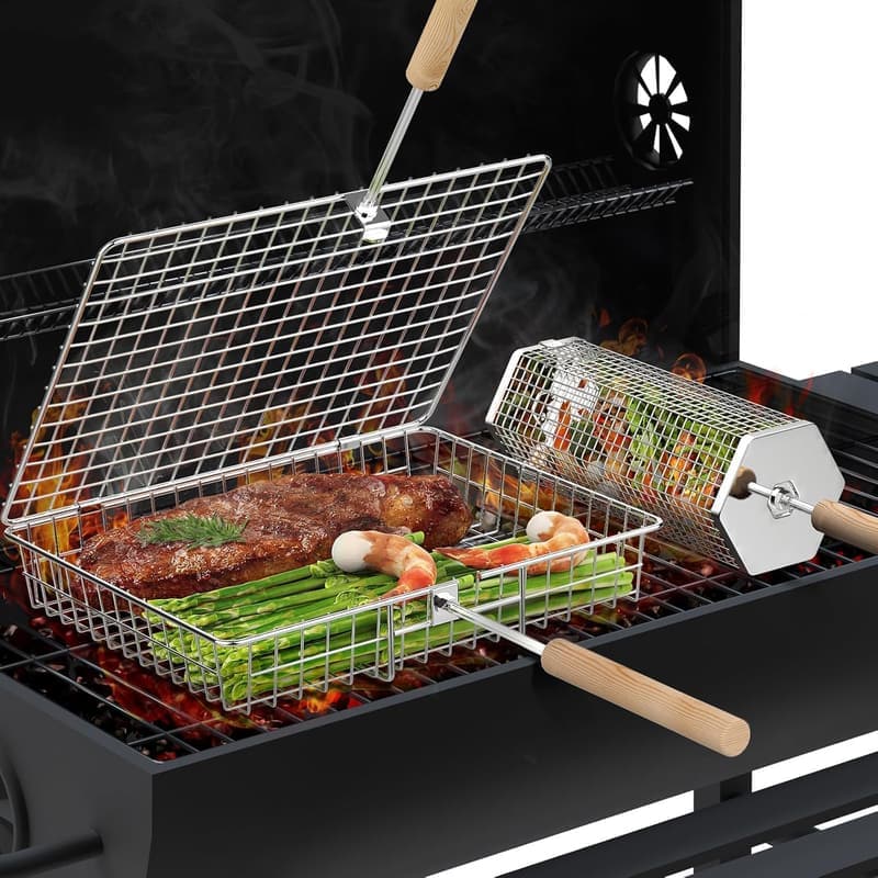 BBQ Grill Basket Set – Stainless Steel & Wooden Handle, Perfect for Outdoor Cooking