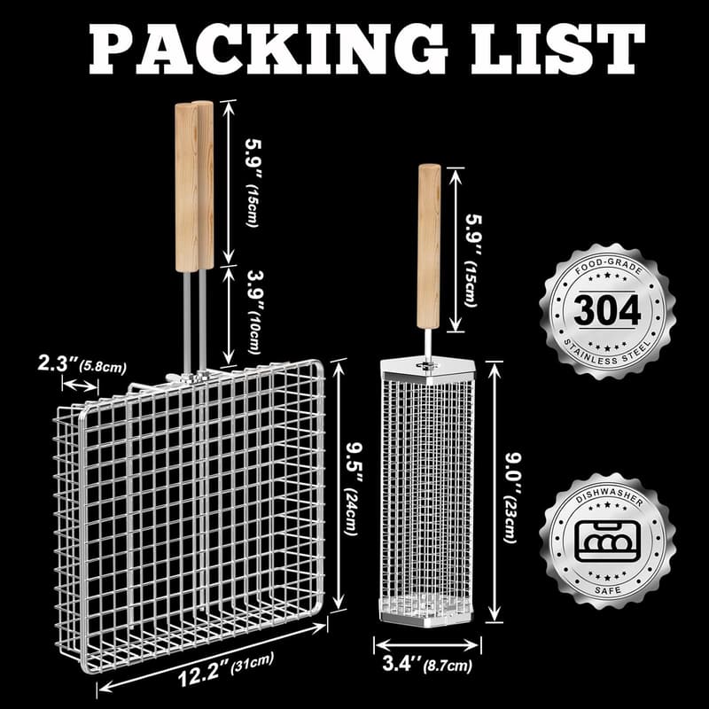 BBQ Grill Basket Set – Stainless Steel & Wooden Handle, Perfect for Outdoor Cooking