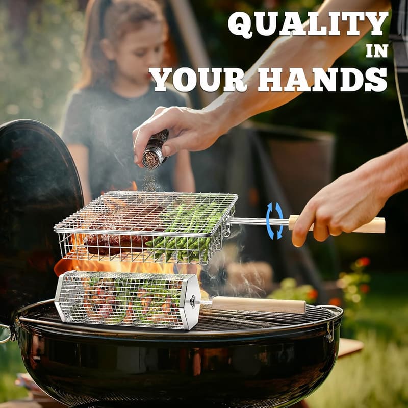 BBQ Grill Basket Set – Stainless Steel & Wooden Handle, Perfect for Outdoor Cooking