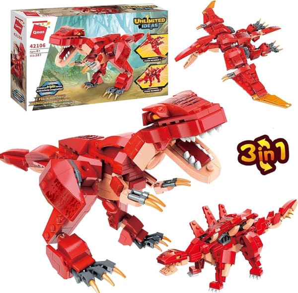 Dinosaurs STEM Building Set for Kids, 3-in-1 T-Rex, Pterodactyl, Stegosaurus (287 PCS)
