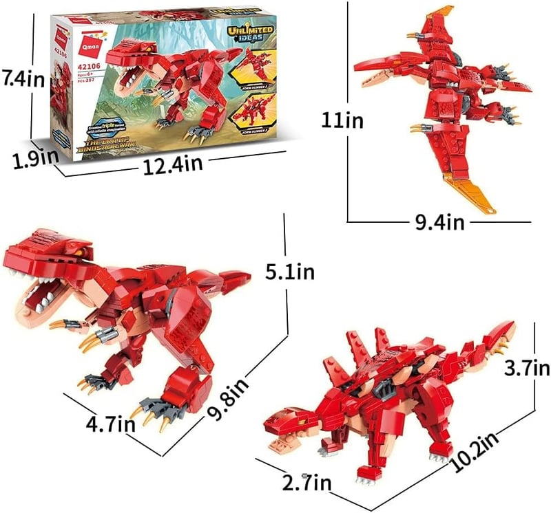 Dinosaurs STEM Building Set for Kids, 3-in-1 T-Rex, Pterodactyl, Stegosaurus (287 PCS)