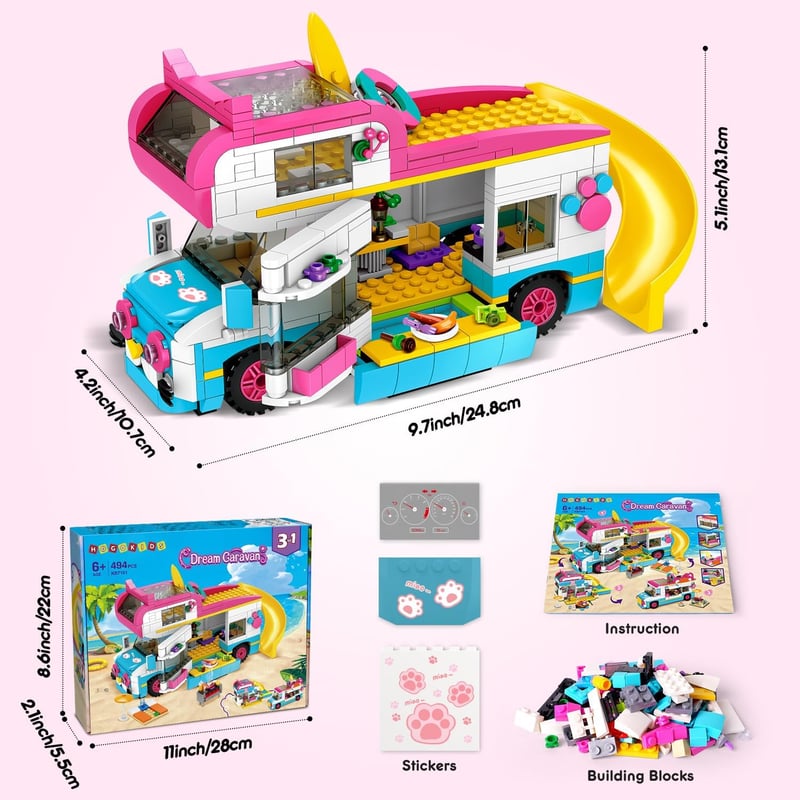 Summer Beach Camping Van Building Set for Kids - 494PCS