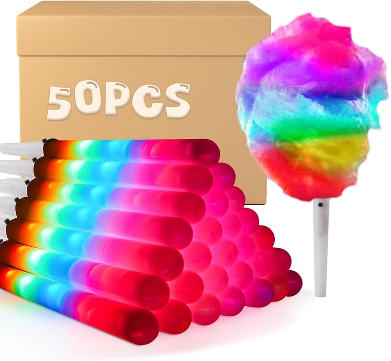50 Pcs Reusable LED Cotton Candy Cones - Colorful Party Sticks