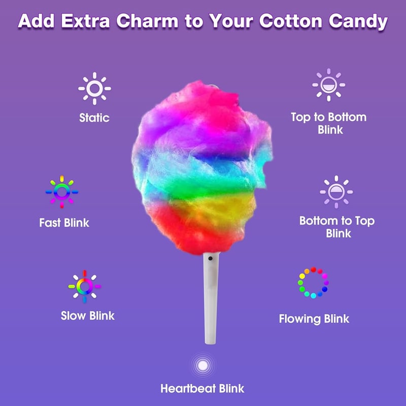 50 Pcs Reusable LED Cotton Candy Cones - Colorful Party Sticks