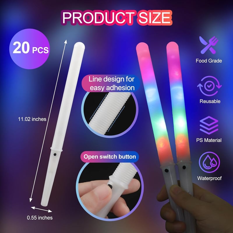 20 LED Cotton Candy Sticks - Reusable Glow Party Supplies