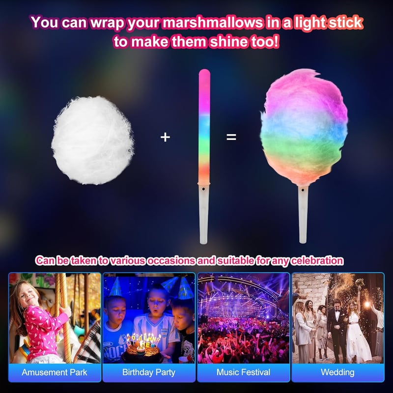 20 LED Cotton Candy Sticks - Reusable Glow Party Supplies