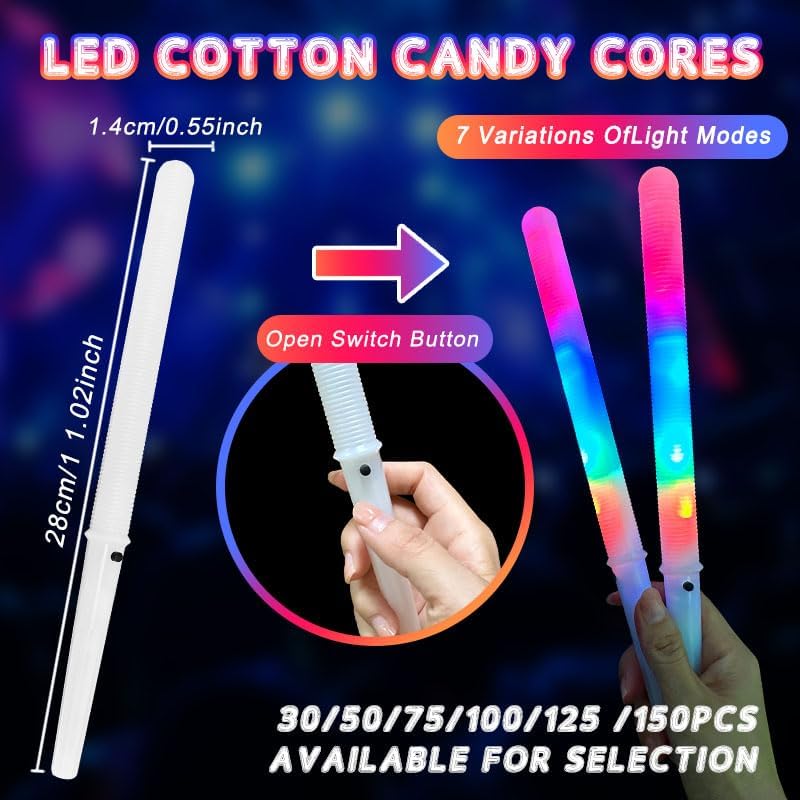 Christmas Party LED Cotton Candy Cones - 10 Colorful Reusable Sticks