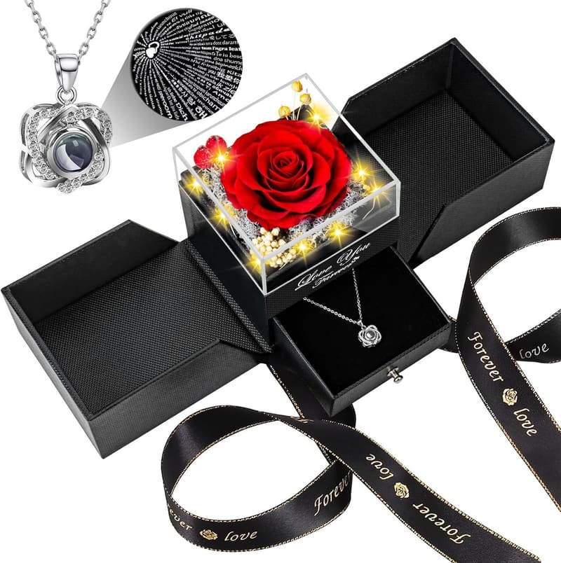 Red Rose Necklace with Heart Pendant - Eternal Birthday Gift for Women
