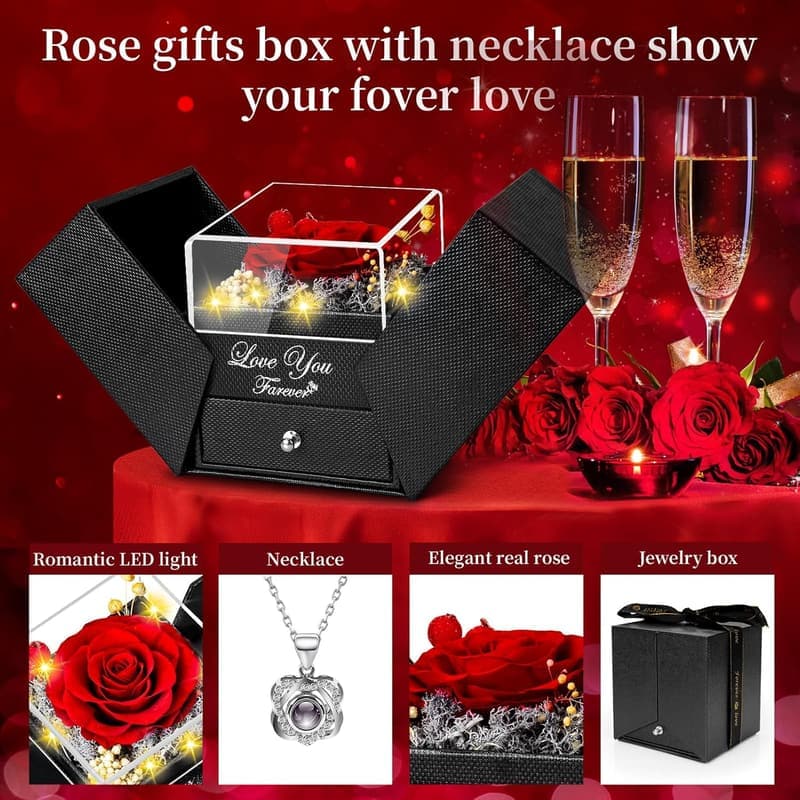 Red Rose Necklace with Heart Pendant - Eternal Birthday Gift for Women