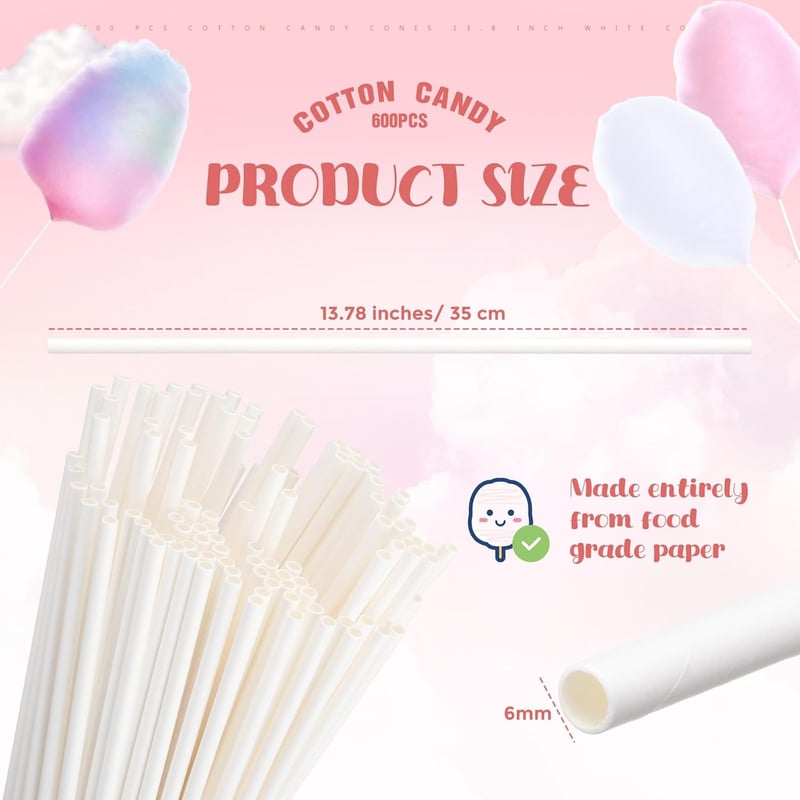 Birthday Party Cotton Candy Cones - 600 Pcs, 13.8 Inch White Sticks