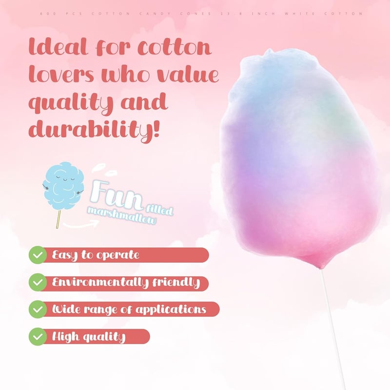 Birthday Party Cotton Candy Cones - 600 Pcs, 13.8 Inch White Sticks