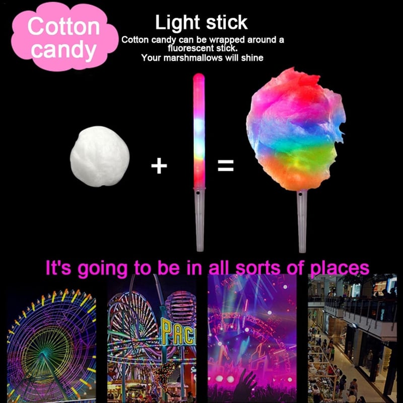 Colorful LED Cotton Candy Sticks - 100 Reusable Food Grade Cones