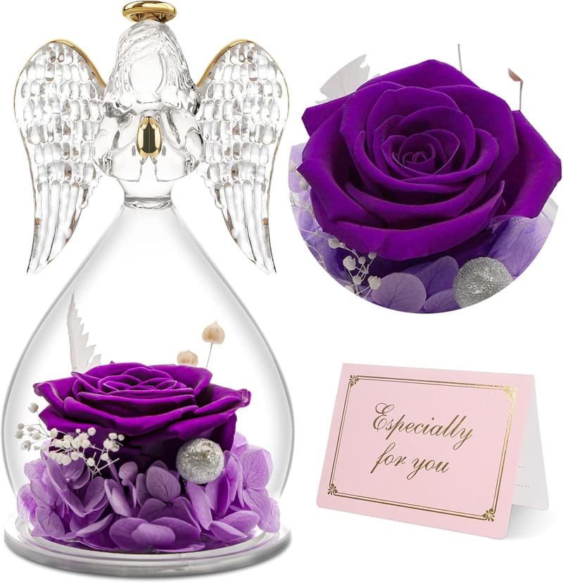 Mother's Day Angel Figurine with Preserved Rose - Gift for Mom