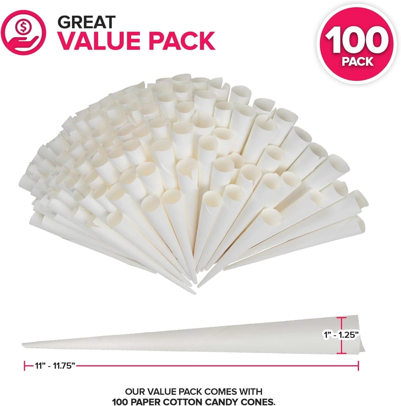100-Count White Kraft Cotton Candy Cones for Parties