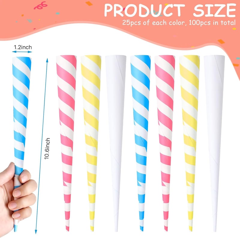 Colorful Cotton Candy Cones - 100 Pcs Birthday Party Supplies