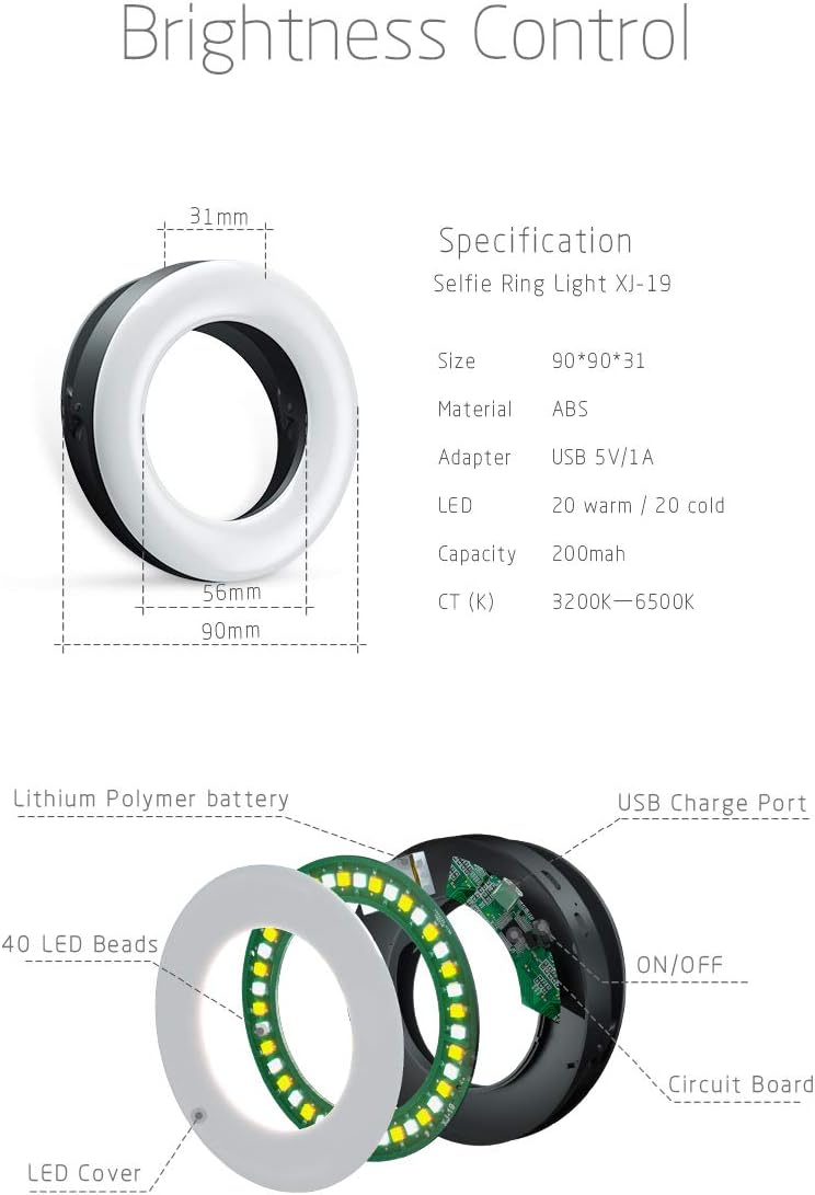 Rechargeable Clip-on Selfie Ring Light with 40 LEDs