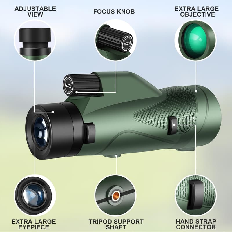High Power 12x60 Monocular Telescope with Smartphone Adapter