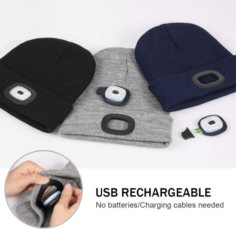 USB Rechargeable LED Beanie for Men - Winter Gift Cap