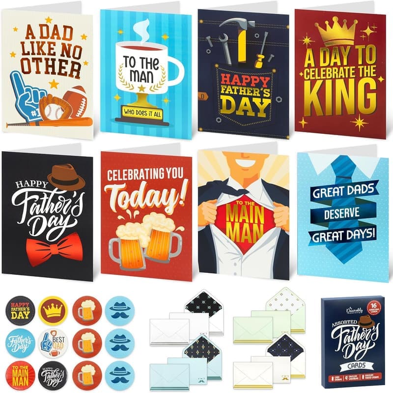 Father's Day Cards - 16 Pack Foiled 5x7 Designs with Envelopes