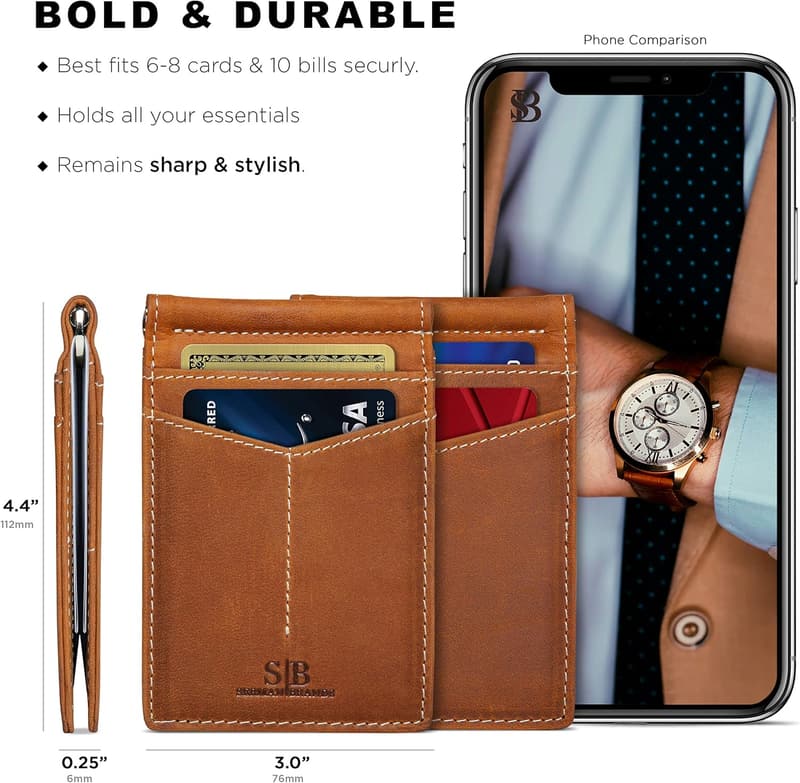 Genuine Leather Slim Bifold Wallet for Men with Money Clip