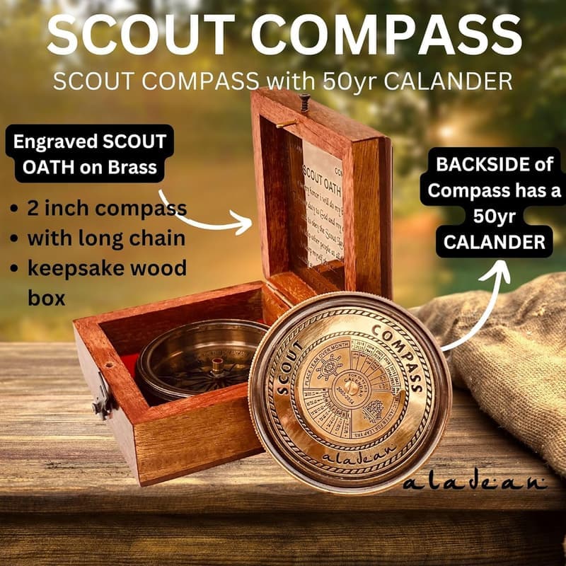 Engraved Scout Oath Compass Gift for Boys in Wooden Box