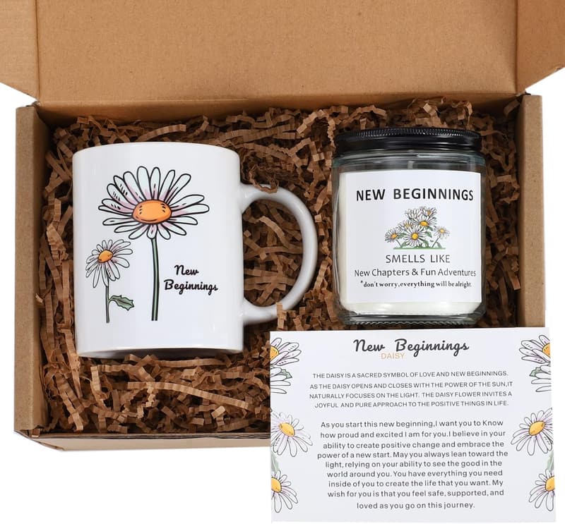 New Beginnings Gift Basket for Women: Daisy Mug & Candle Set