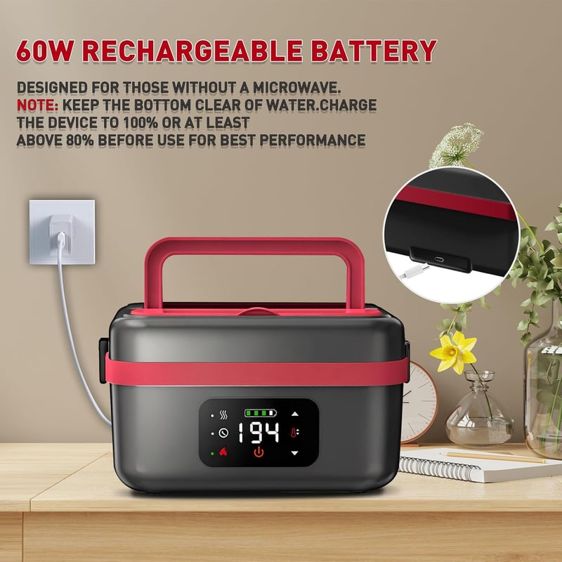 Cordless Electric Heated Lunch Box - 1L Stainless Steel, Rechargeable