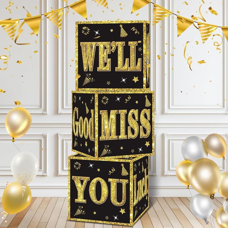 Going Away Party Supplies - Black Gold Decoration Boxes for All